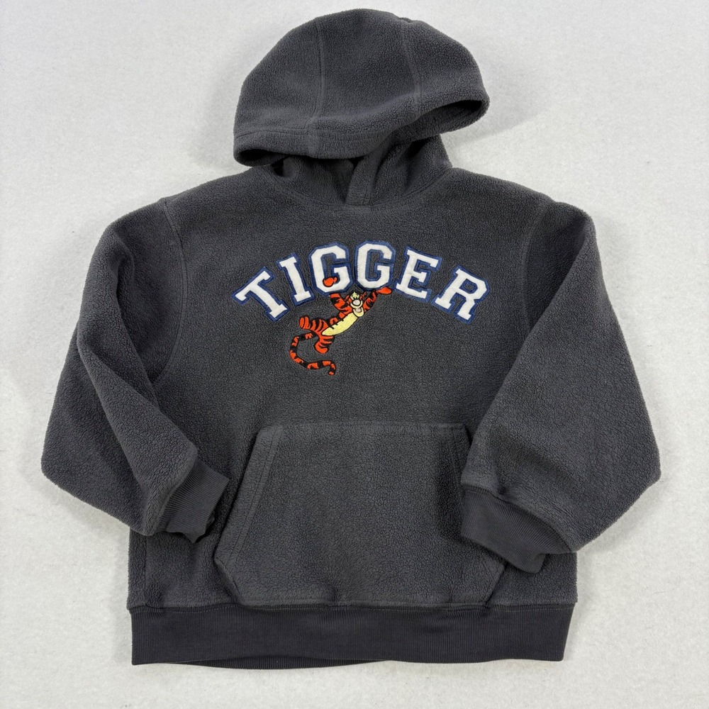 Vintage Disney Store Tigger Fleece Hoodie Kids XS Gray Embroidered Pullover